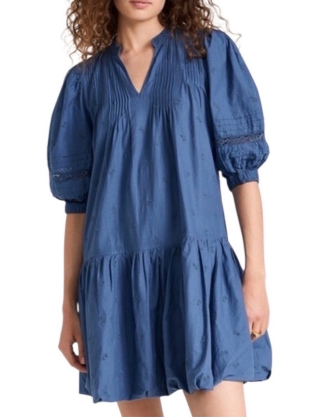 Sea New York Loren Blue Bubble Hem Puff-Sleeve V-Neck Dress